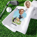 Personalized Cartoon Head Photo Character 100% Cotton Absorbent Golf Towel with Name and Carabiner Clip Game Day Birthday Gift for Golf Players Lovers