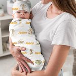Personlig søt dinosaur 100% bomulls myk swaddle teppe og knutehatt sett med navn Daglig bruk Baby shower bursdagsgave til nyfødte