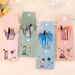 Personalized Cartoon Character Birth Flower PU Leather Makeup Brush Bag Set with Name and 8 Pcs Makeup Brushes Birthday Gift for Girls Women