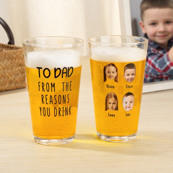 Verre à bière 16 oz avec photos de 1 à 6 visages et noms Cadeau d'anniversaire et de Noël pour papa