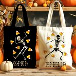 Personalised Sweets-Corn Pumpkin Lollipop Skeleton Reusable Tote Bag with Name Trick or Treat Halloween Party Gift for Kids Friends Family