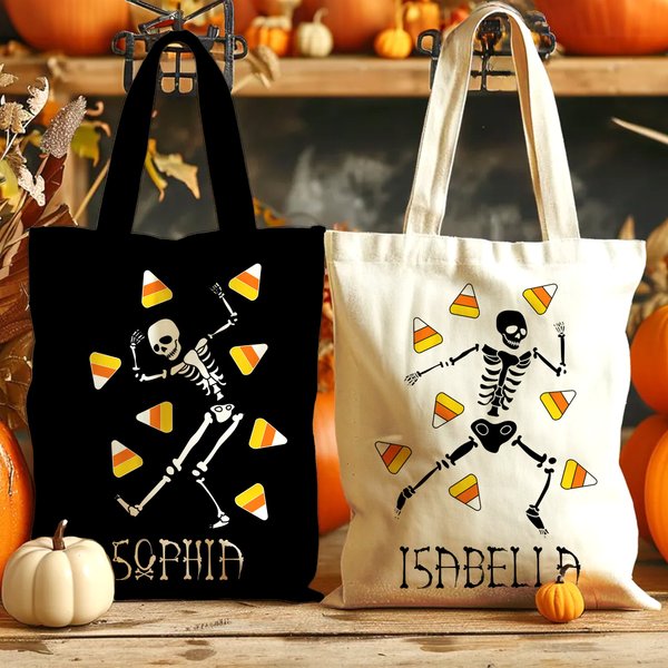 Spersonalizowana torba wielokrotnego użytku Candy-Corn Pumpkin Lollipop Skeleton Tote Bag z imieniem Trick or Treat Halloween Party Gift for Kids Friends Family