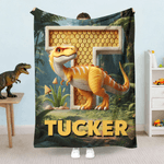 Personalized 3D Dinosaur Multicolour Soft Throw Blanket with Initial and Name Home Decor Christmas Gift for Kids
