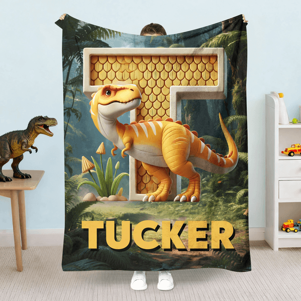 Manta personalizada 3D Dinosaurio multicolor con inicial y nombre Decoración del hogar Regalo de Navidad para niños