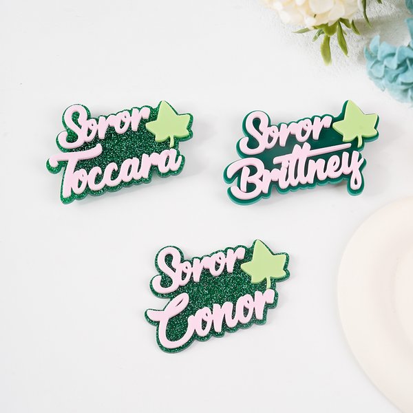 Personalizzato Ivy Leaf Soror Nome Glitter Acrylic Spilla Pin Accessori Sorority Bid Day Sorority Initiation Gift per sorella amica