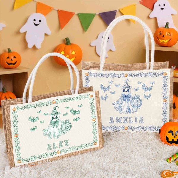Spersonalizowana torba z juty Bat Pumpkin Ghost Toile De Joey z imieniem Trick or Treat Halloween Party Prezent dla dzieci Kobiety