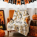 Personalized Halloween Theme Skeleton Lollipop Pumpkin Soft Throw Blanket with Name Home Decor Halloween Gift for Family Friends