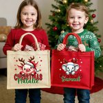 Personalized Christmas Santa Hat Cute Animal Large Jute Tote Bag with Name Daily Use Christmas Party Gift for Family Friends