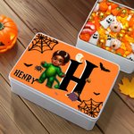 Personalised Halloween 3D Cartoon Character Multicolor Biscuit Storage Tin with Initial and Name Trick or Treat Halloween Party Gift for Boys Girls