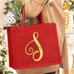 Personalized Artistic Initial Large Red Jute Tote Bag with Name Daily Use Christmas Gift for Family Friends