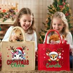 Personalized Christmas Santa Hat Cute Animal Large Jute Tote Bag with Name Daily Use Christmas Party Gift for Family Friends
