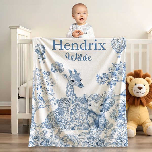 Personalized Mluticolor Floral Leopard Giraffe Elephant Soft Throw Blanket with Name and Surname Nursery Room Baby Shower Gift for Boys Girls