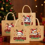 Personalized Christmas Santa Hat Cute Animal Large Jute Tote Bag with Name Daily Use Christmas Party Gift for Family Friends