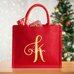 Personalized Artistic Initial Large Red Jute Tote Bag with Name Daily Use Christmas Gift for Family Friends