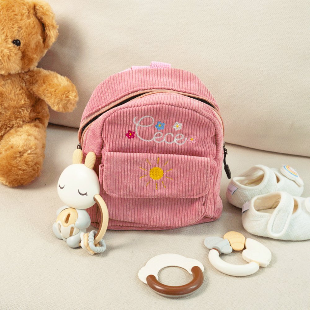 Personalized Multicolor Embroidered Flower Rainbow Corduroy Backpack with Name and Front Magnetic Buckle Pocket Birthday Back to School Gift for Kids 4