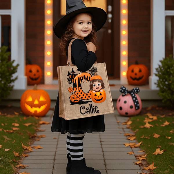 Personalized Cartoon Character Pumpkin Jute Tote Bag with Initial and Name Trick or Treat Halloween Party Gift for Boys Girls