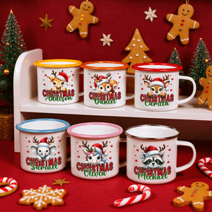 Personalizada de Navidad Santa Hat Cute Animal 12 oz Multicolor Taza de esmalte con el nombre de regalo de Navidad para los niños