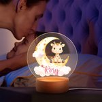 Spersonalizowana akrylowa lampka nocna LED Cute Marine Jungle Animals z imieniem i drewnianą podstawą Dekoracja do pokoju dziecięcego Prezent urodzinowy dla chłopców i dziewczynek
