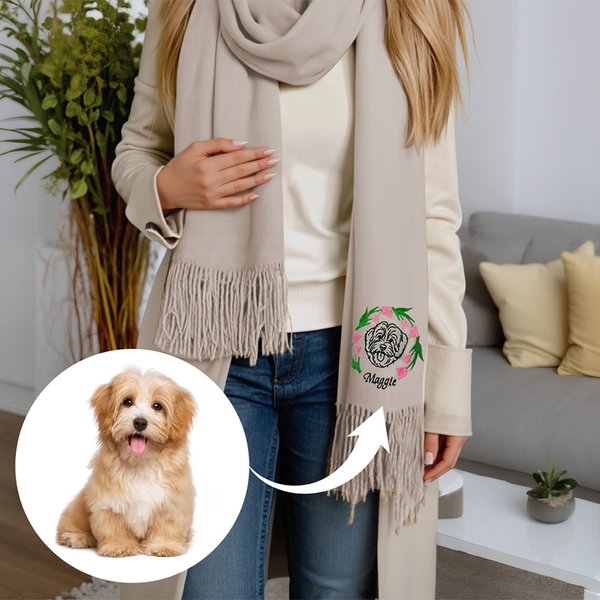 Personalised Embroidered Pet Avatar Photo Birth Flower Tassel Scarf with Name Warm Accessory Anniversary Birthday Christmas Gift for Pet Lovers