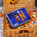 Personalised Halloween 3D Cartoon Character Multicolor Biscuit Storage Tin with Initial and Name Trick or Treat Halloween Party Gift for Boys Girls