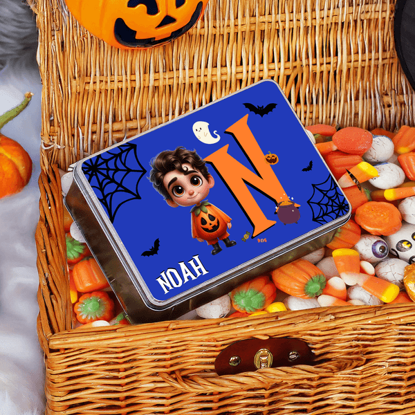 Spersonalizowana puszka na ciastka Halloween 3D z inicjałami i imieniem Cukierek albo psikus Prezent na Halloween dla chłopców i dziewczynek