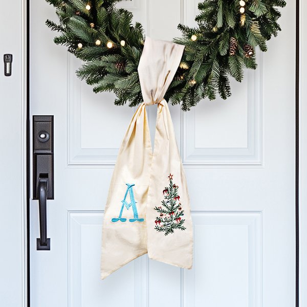 Personalized Christmas Tree Monogram 100% Cotton Wreath Sash with Embroidered Initial Home Decor Christmas Gift for Family Friends