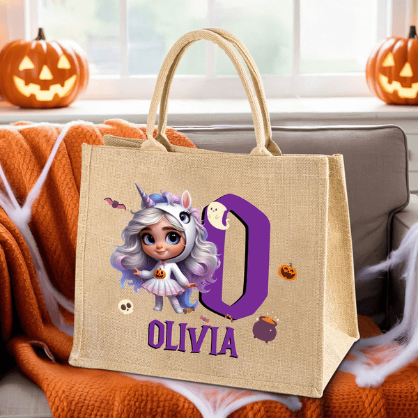 Personalized Halloween 3D Cartoon Character Jute Tote Bag with Initial and Name Trick or Treat Halloween Party Gift for Boys Girls