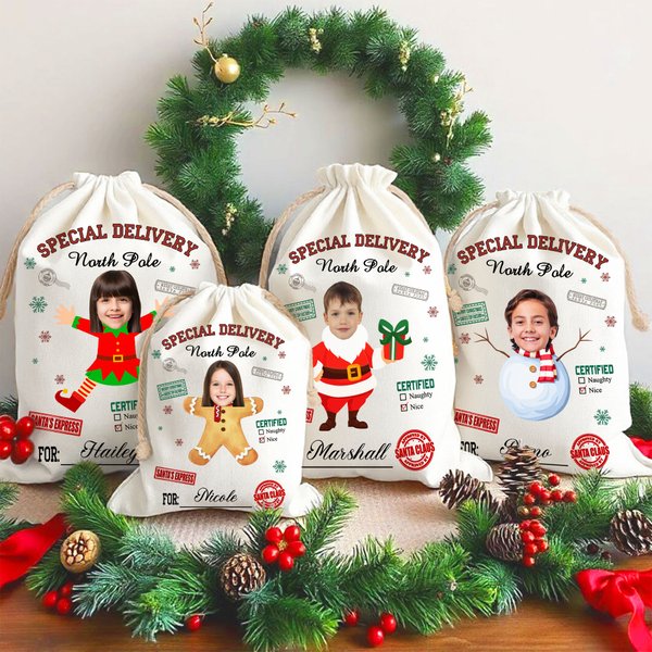 Spersonalizowana specjalna dostawa North Pole Santa Claus Płócienna torba prezentowa z imieniem i zdjęciem Świąteczny prezent dla rodziny przyjaciół