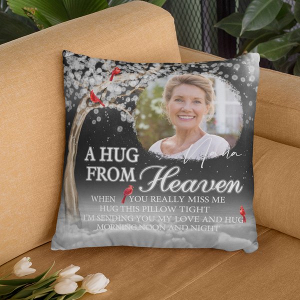 Personalized A Hug From Heaven Photo Cardinal Bird Soft Throw Pillow Cover with Text and Name Home Decor Memorial Sympathy Gift for Family Friend
