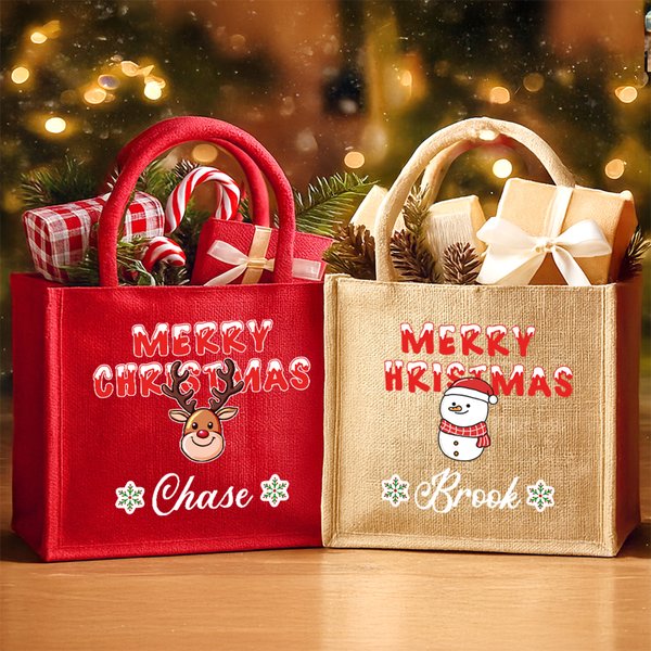 Personalised Merry Christmas Snowman Elk Large Jute Tote Bag with Name Daily Use Christmas Gift for Kids Family Friends