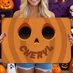 Personlig, rolig, halkfri dörrmatta med pumpaansikte och namn Heminredning Halloween-present till familj och vänner