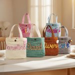 Personalized Multicolor Braided Name Corduroy Lunch Bag with Flower Animal Bow Accessory Daily Travel School Birthday Gift for Toddlers Kids