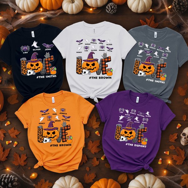 Personalised Ghost Bat Pumpkin Love Multicolour 100% Cotton T-shirt with 1-10 Names and Title  Halloween Gift for Family