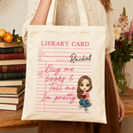 Personalized Cartoon Reading Girl Canvas Bag with Name and Handles Birthday Gift for Bookworms Book Lovers
