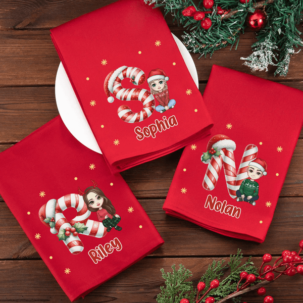Serviette de Table en Coton Personnalisée avec Nom Personnage de Dessin Animé et Initiale Cadeau de Noël pour la Famille et les Amis