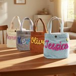 Personalized Multicolor Braided Name Corduroy Lunch Bag with Flower Animal Bow Accessory Daily Travel School Birthday Gift for Toddlers Kids