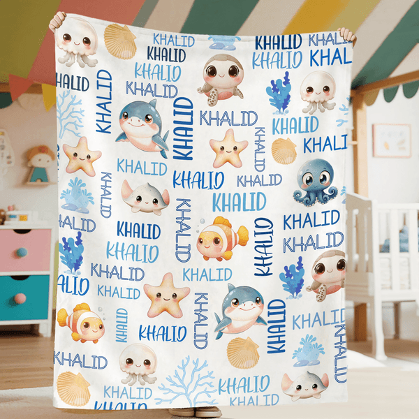 Personalisierte niedliche Meerestiere Design weiche Decke mit Namen Home Decor Geburtstag Weihnachten Geschenk für Jungen Mädchen