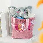 Personalized Multicolor Braided Name Corduroy Lunch Bag with Flower Animal Bow Accessory Daily Travel School Birthday Gift for Toddlers Kids