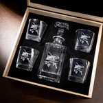 Personalized Fishing Pattern Whiskey Decanter 2 Glasses Set with Engraved Name Initial and Wooden Storage Box Birthday Gift for Bartending Enthusiasts