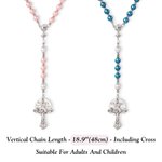Personalized Navy Blue Pink Rosary Chalice Cross Necklace with Engraved Name and Date First Communion Baptism Gift for Christians
