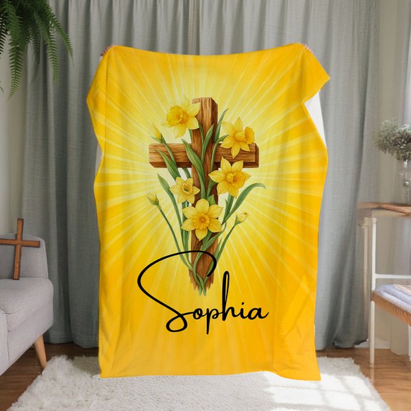 Personalised Cross and Birth Flower Soft Throw Blanket with Name Birthday Baptism Gift for Christian Friend