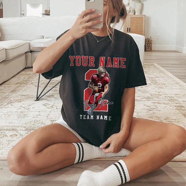 Personalized American Football Photo Heavyweight 100% Cotton T-shirt with Name and Number Game Day Club Gift for Sport Player Mom