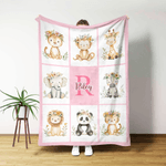 Personalized Flower Wreath Leopard Monkey Cute Animal Soft Throw Blanket with Initial and Name Birthday Christmas Gift for Boys Girls