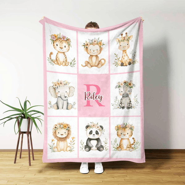 Personalised Flower Wreath Leopard Monkey Cute Animal Soft Throw Blanket with Initial and Name Birthday Christmas Gift for Boys Girls