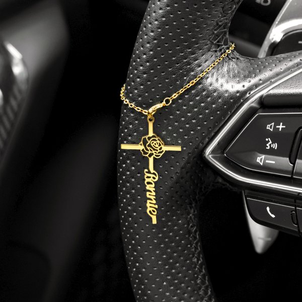 Guided By Faith Adorned With Flower - Personalized Name Cross Steering Wheel Charm Christian Baptism Birthday Gift