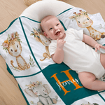Spersonalizowany wianek z kwiatów Leopard Monkey Cute Animal Miękki koc z inicjałami i imieniem Prezent urodzinowy dla chłopców i dziewczynek