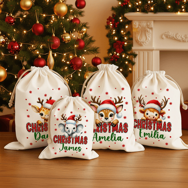 Personalisierter Niedlicher Tier Geschenkbeutel mit Kordelzug Namen Weihnachtsmannmütze Weihnachtsgeschenk für Familie Freunde