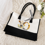 Personalised Flower Highland Cow Large Canvas Tote Bag with Name and Ribbon Travel Essentials Birthday Mother's Day Gift for Mon Grandma Women