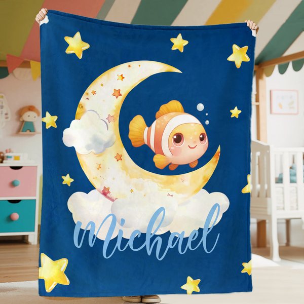 Spersonalizowany koc do rzucania z imieniem i nazwiskiem Cloud Moon Cartoon Marine Jungle Animal Miękki koc do rzucania z imieniem i nazwiskiem Dekoracja domu Prezent urodzinowy dla dziecka Rodzina