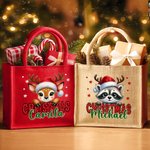 Personalized Christmas Santa Hat Cute Animal Large Jute Tote Bag with Name Daily Use Christmas Party Gift for Family Friends
